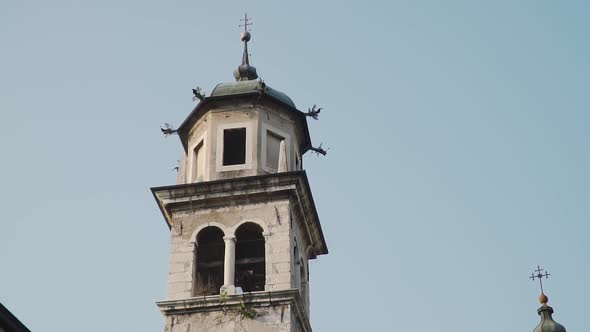Bell Tower of Inviolata Church, Riva del Garda City, Italy, Close Up Detail Slow Motion