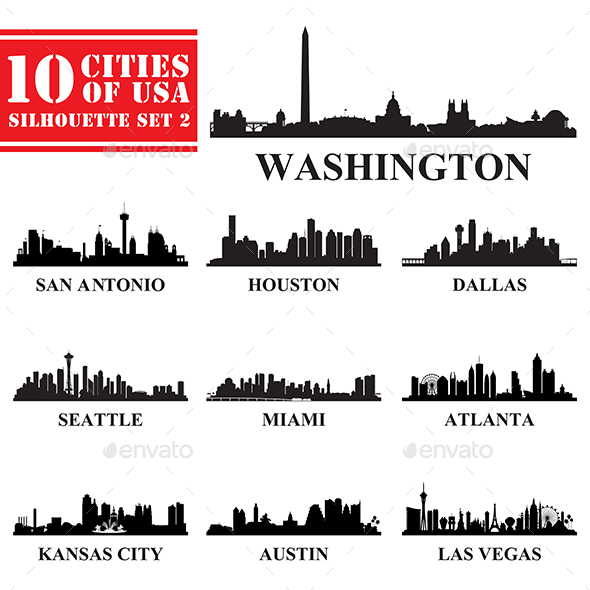Set of 10 Silhouettes USA Cities
