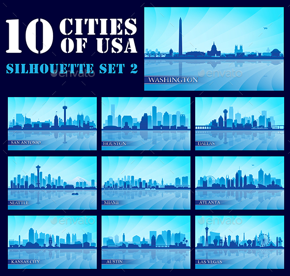 Set of 10 Silhouettes USA Cities #2