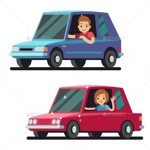 Young Man and Woman Driver Driving Cars