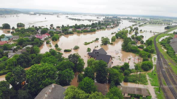 Aerial View From Above on the Flooded Houses and the City, Flood After Floods From the Mountains
