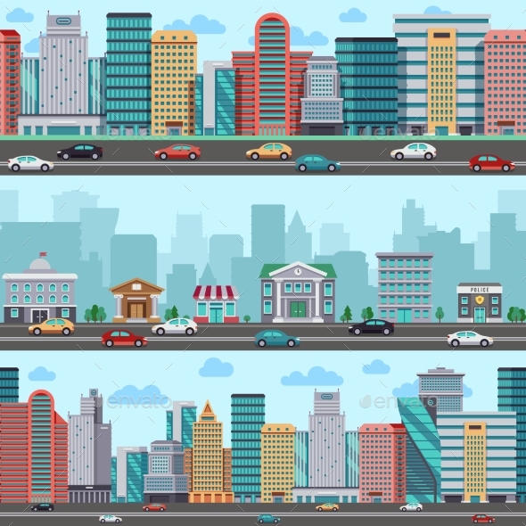 City Street with Cars and Buildings. Vector