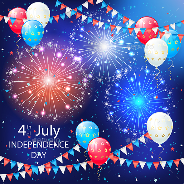 Balloons and Fireworks on Independence Day Background