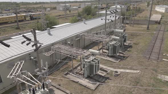 Aerial view of Traction substation of Tetritskaro railway station, Georgia 2021