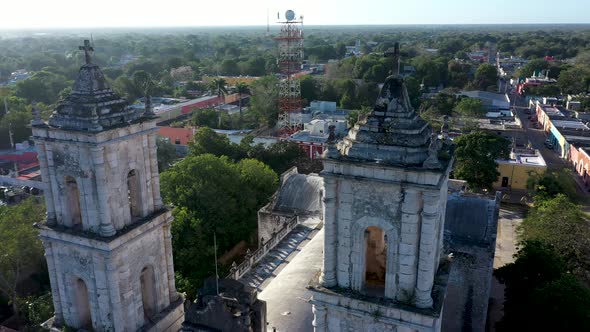 Aerial extreme closeup orbit to left of the bell towers of the Catedral de San Gervasio in Valladoli