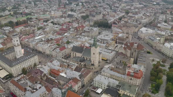 Aerial Drone Video Panorama of Latin Cathedral in City Lviv Ukraine Flight Above Roofs Streets