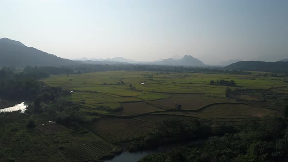 River near town of Vang Vieng in Laos seen from the sky