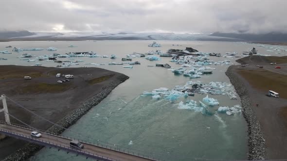 4K drone footage of Jokulsarlon glacier lagoon in Iceland