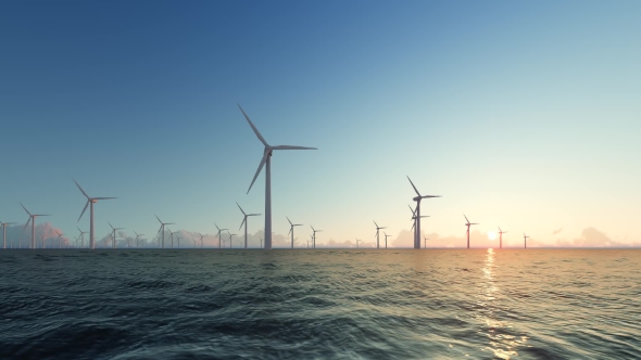 Sunset Wind Generators of Electricity on Water alt