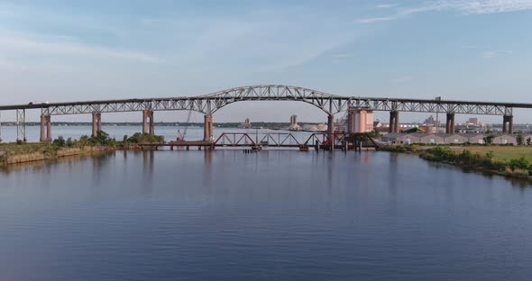 Aerial of cars traveling over the Calcasieu River Bridge in Lake Charles, Louisiana