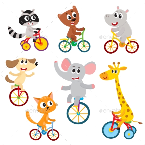 Little Animal Characters Riding Unicycle