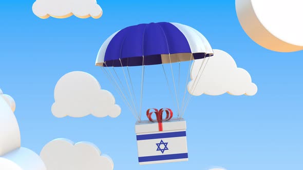 Carton with Flag of Israel Falls with a Parachute