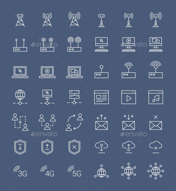 Simple Line Internet Flat Vector Icons. Set of Basic Internet Elements for Web and Mobile UI