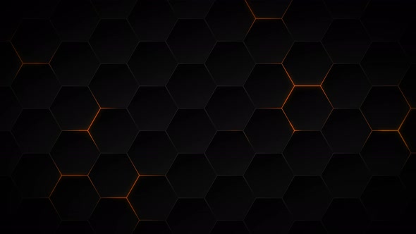 Abstract dark hexagon pattern on orange neon background technology style.