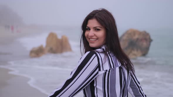 Happy Lady on Sand City Beach Sea Background