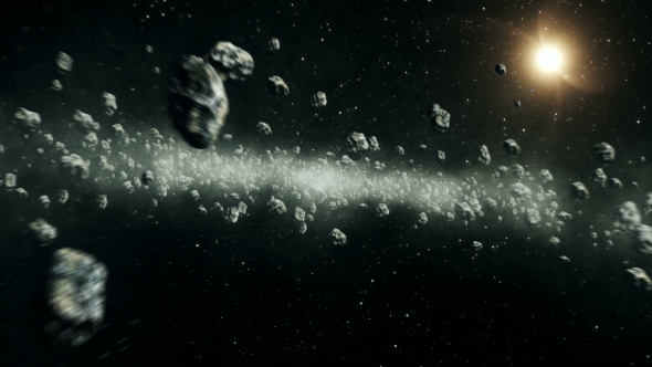 Beautiful Flight Through Asteroid Belt in Open Space alt