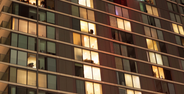 Modern apartment block at night