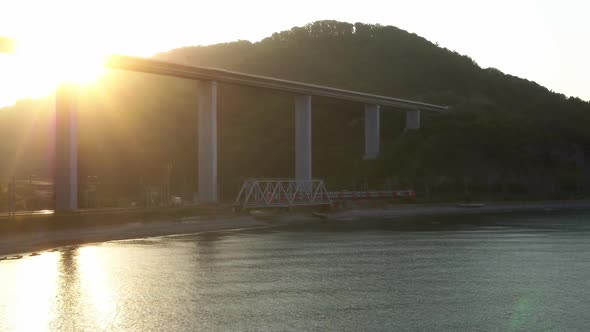 Train Is Going Along the Sea and an Overpass