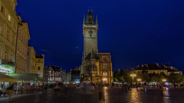 Prague Old Town Hall at Night Timelapse Hyperlapse with Unrecognizable Tourists Walking