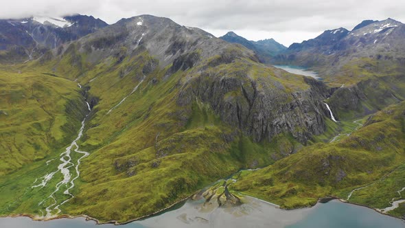 Aerial view of the coastline near Anderson Bay, Unalaska, Alaska, United States.