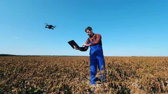 Withered Field and an Agriscientist Operating a Drone