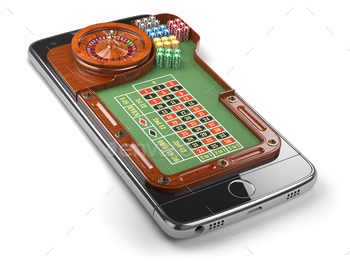 Mobile phone with roulette and casino chips  isolated on white b