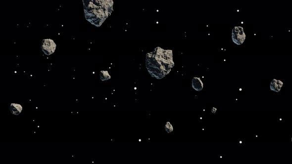 Animation of small and large asteroids drifting in galaxy and stars in background