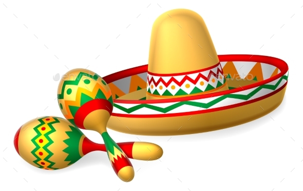 Mexican Sombrero Hat and Maracas Shakers