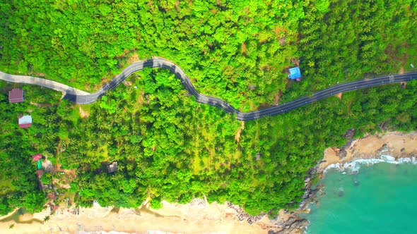 Drones fly over the shores of tropical seas. Beach summer scene