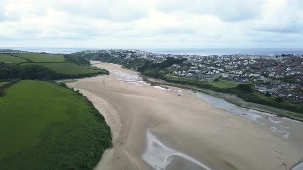 River Gannel During Low Tide Between Newquay Town And Crantock Green Hills In England, United Kingdo