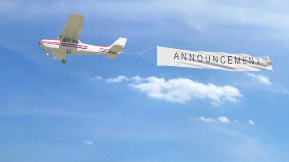 Small Propeller Airplane Towing Banner with ANNOUNCEMENT Caption in the Sky