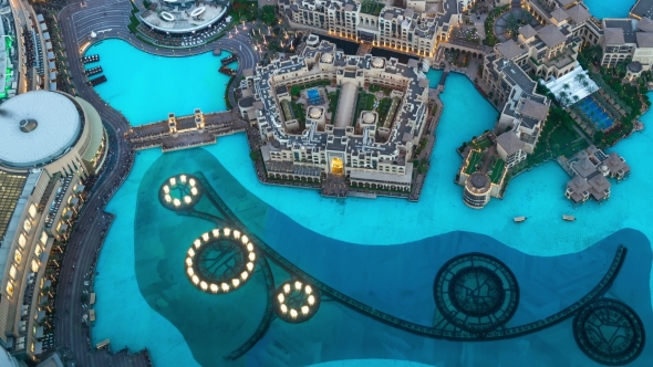 Aerial  The Dubai Fountain Water-light Show Near Burj Khalifa in the Evening