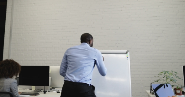 African American Business Man Making Notes On White Board Start Dancing Celebratin His Success