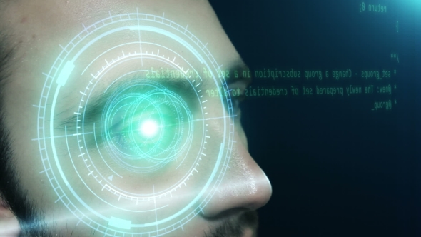 Man Working on sciFi Digital Hologramic Interface. alt