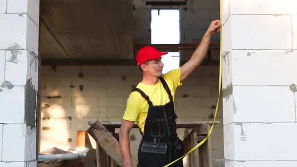 Construction worker at construction site playing with a measuring tape measure.