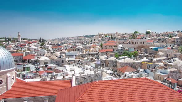 Skyline of the Old City in Jerusalem with Historic Buildings Aerial Timelapse Israel