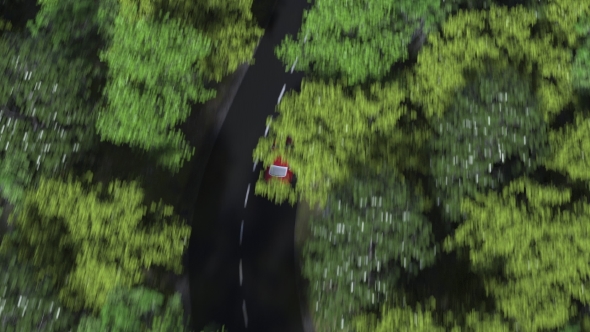 Red Car Driving on a Curvy Forest Road