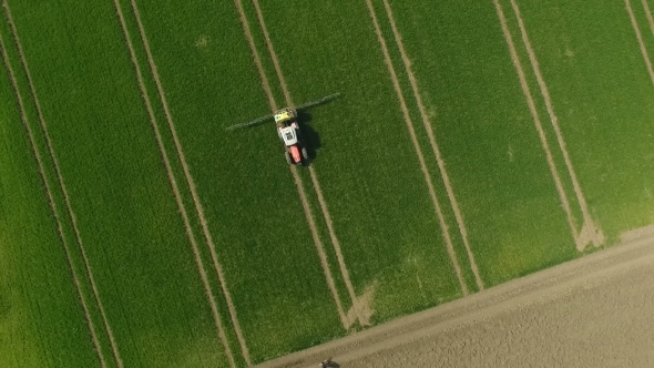 The Protection of Plants by Tractor Spraying a Green Wheat Field