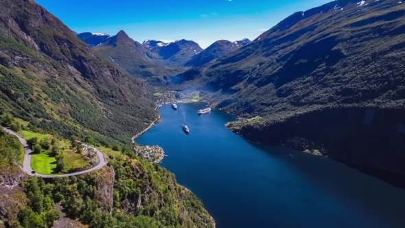 Geiranger Fjord, Beautiful Nature Norway Aerial Footage.