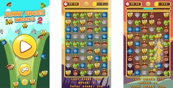 Funny Faces Match3 2 - HTML5 Game + Mobile (Construct 3 | Construct 2 | Capx)