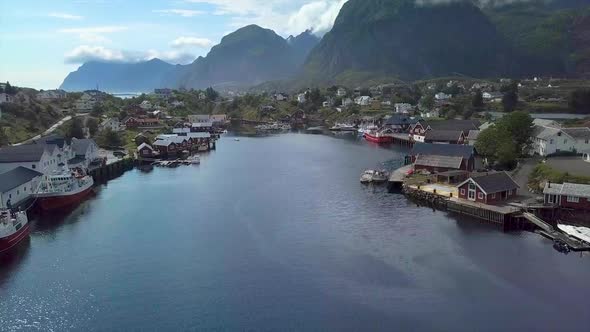 Aerial View of Small Village in Norway, Sorvagen