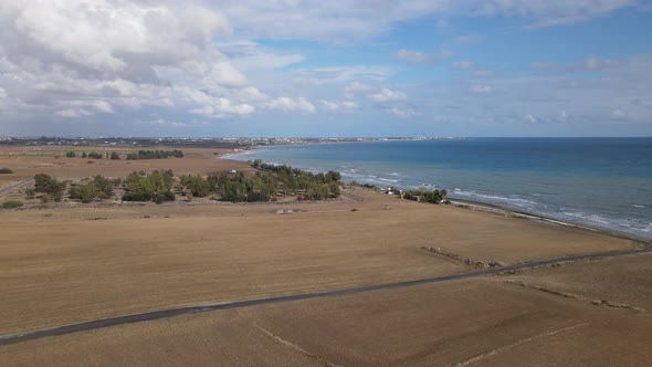 Take off the camera over the coastline. Mediterranean sea view.