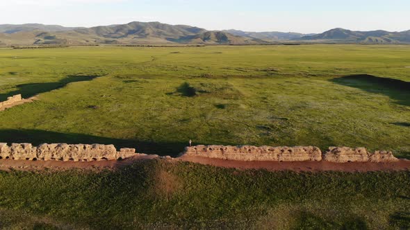 Ruins of Ancient City, Building and Wall From Ancient Times in Treeless Vast Plain of Mongolia