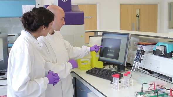 Two Scientist looking at DNA on computer screen