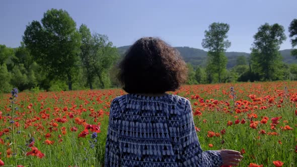 Woman in a blue shirt walks among red poppies, green grasses, and wild herbs. Green trees and hills