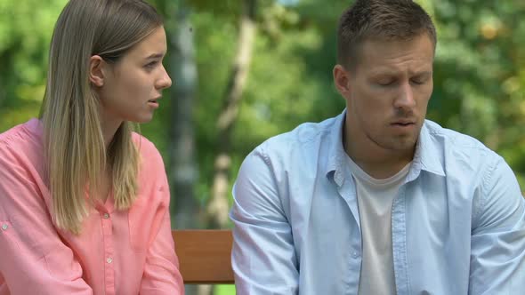 Tired Man Listening to Girlfriends Complaints Relationship Crisis, Break-Up Risk