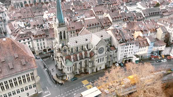 The Church of St. Peter and Paul, Bern, Switzerland. Medieval city centre, aerial view
