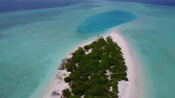 Drone view abstract of marine coast beach by blue lagoon with sand background