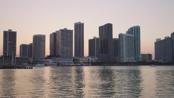 The city of Miami and the Venetian Causeway, at sunset