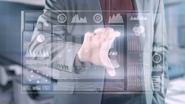 Businessman Works With a Gallographic Information Panel alt